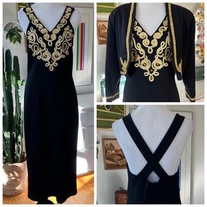 Vintage 90s Outlander Evening Black Halter Dress & Bolero Jacket Gold Embroidery